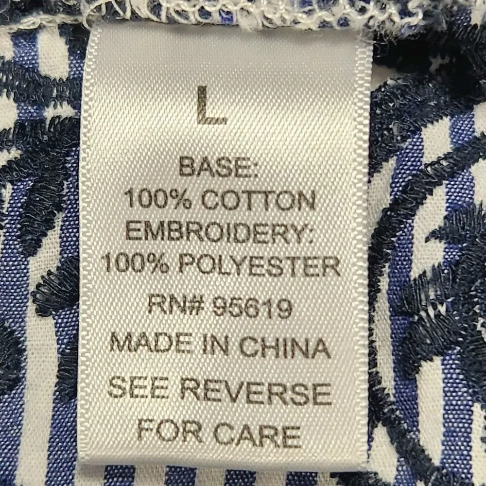 Fever Women's Navy Striped Blouse Large Embroidered Eyelets Boho Peasant Cottage